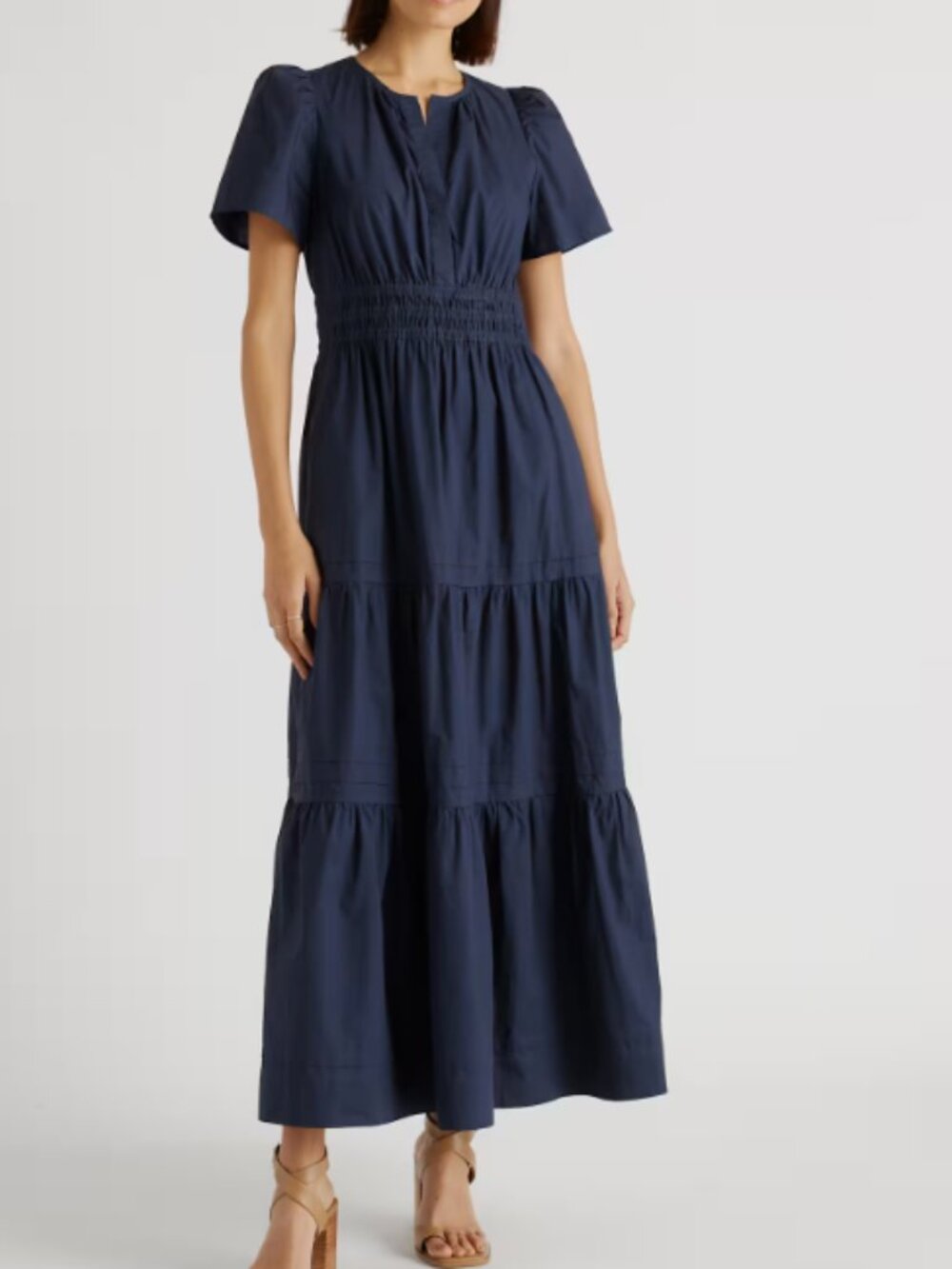 Quince 100% Organic Cotton Poplin Tiered Maxi Dress Navy L NWT